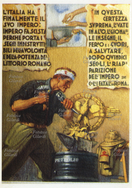 FASCISMO Cartolina postale di propaganda. Le frasi nei cartigli sono tratte dal discorso di Mussolini del 9 maggio 1936 per la Proclamazione dell\