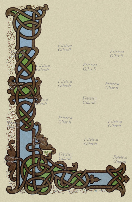 CAPOLETTERA L con grafia in stile di miniatura medievale. Cromolitografia, 1903