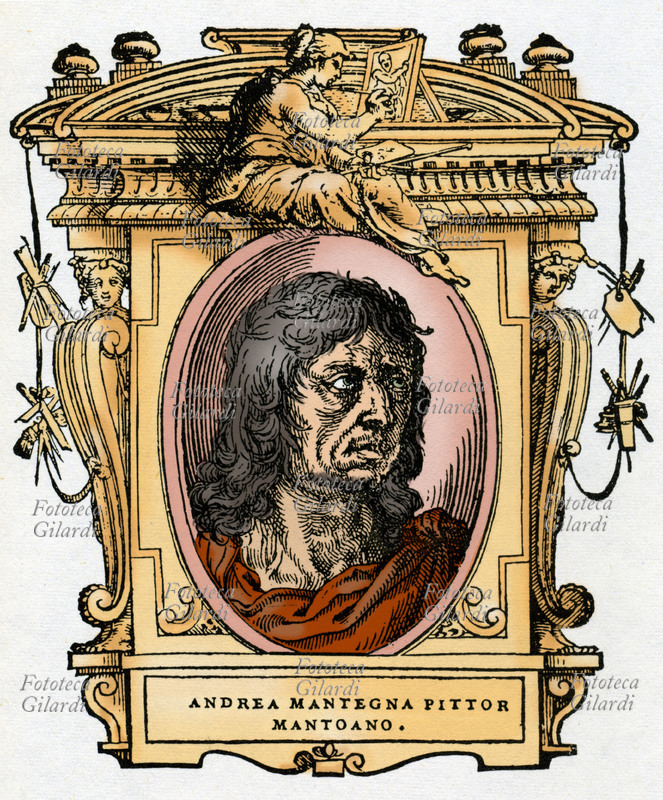 Andrea MANTEGNA (1431-1506) pittore ed incisore italiano, figlioccio e allievo di Francesco Squarcione. Il ritratto è racchiuso in una cornice decorata con figure allegoriche e strumenti delle arti. Illustrazione colorizzata su base xilografica del XVI secolo, dal trattato \