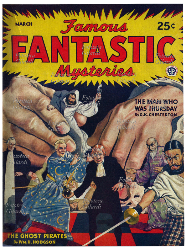 FANTASCIENZA Copertina della rivista pulp americana "Famous Fantastic Mysteries", pubblicata dal 1939 al 1953, con i racconti "The man who was Thursday (1908)" dello scrittore britannico Gilbert Keith Chesterton (29 maggio 1874 – 14 giugno 1936) e "The Ghost Pirates (1909)" dello scrittore britannico William Hope Hodgson (15 novembre 1877 – aprile 1918). A Popular Publications, Stati Uniti d\