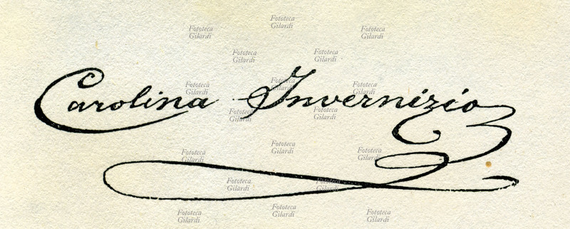 Carolina INVERNIZIO (1851-1916) firma autografa della scrittrice, autrice di numerosi racconti, rivolti essenzialmente ad un pubblico femminile, si può considerare la prima scrittrice di romanzi popolari italiani. Italia, XX secolo.