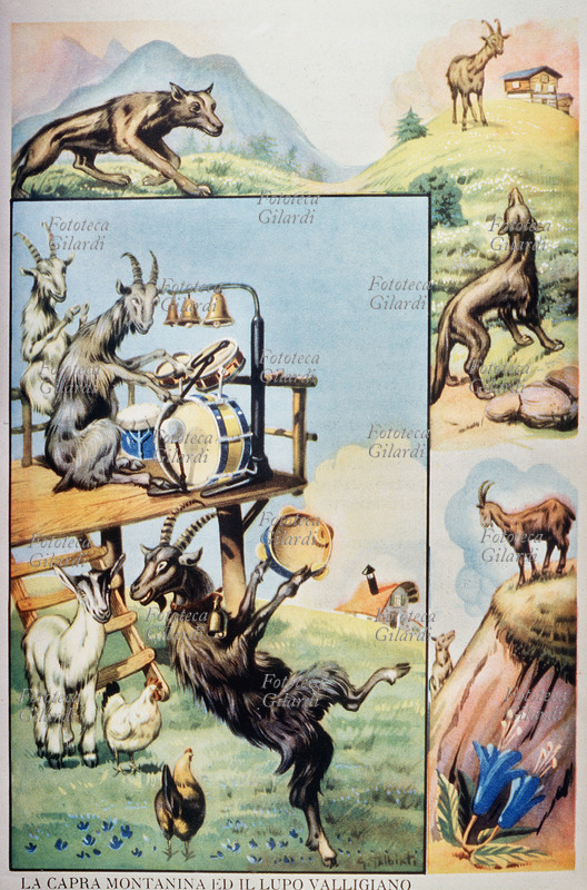 ESOPO (VI sec. a.C.) La capra montanina ed il lupo valligiano. Illustrazione di G. Galbiati da una edizione per fanciulli delle favole morali di Esopo, Italia 1930 circa
