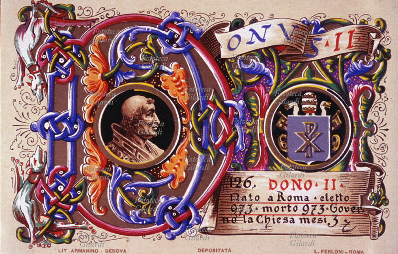 PAPA DONO II nato a Roma, eletto nel 973, morto nel 973. Governò la Chiesa per 3 mesi. Da serie cromolitografica dedicata a Papa Pio X e da Lui benedetta. Roma, 1903