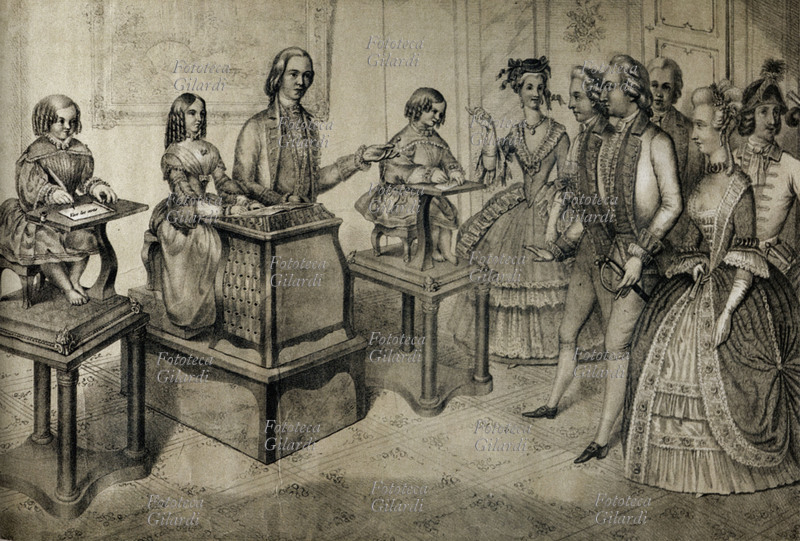 AUTOMI - La presentazione degli automi Pierre Jaquet-Droz (1721-1790 ) alla corte di Luigi XVI. Stampa del XVIII secolo