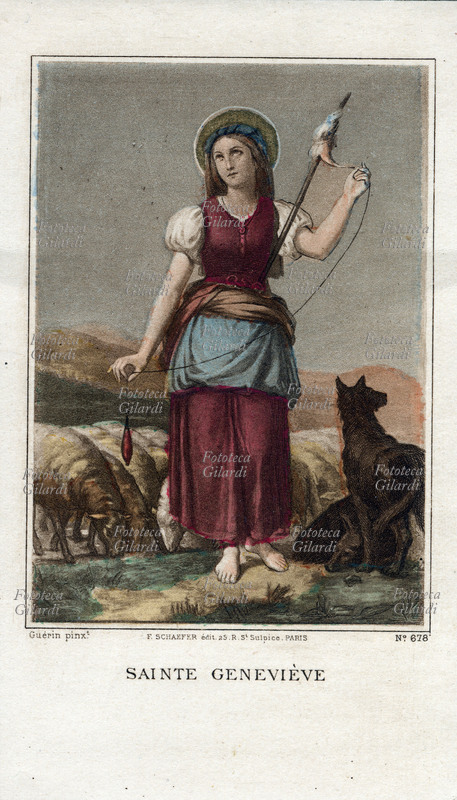 SANTA GENOVEFFA Sainte Geneviéve, Santa protettrice di Parigi e altre città francesi, nacque a Nanterre nel 420. Litografia francese acquarellata XIX secolo.