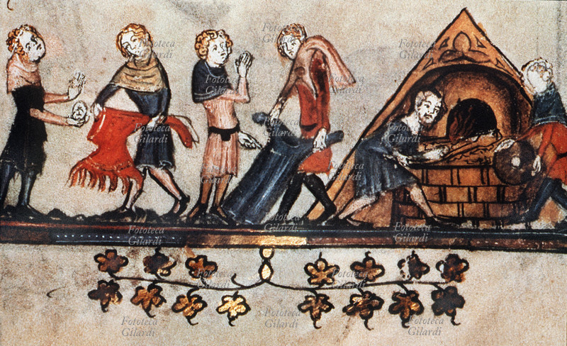 PESTE Miniatura tratta da un manoscritto medioevale che illustra come i contagi delle malattie infettive possono essere combattuti bruciando i vestiti delle persone contagiate. Italia, XIV secolo