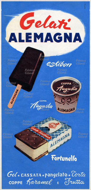 PUBBLICITÀ Gelati Alemagna: il classico col bastoncino ricoperto al cioccolato Eskibon, la Coppa Augusta, e il sandwich-biscotto Fortunello, che riporta sulla confezione il celeberrimo personaggio dei fumetti creato da Frederick Burr Opper (1857-1937). Annuncio del 1956