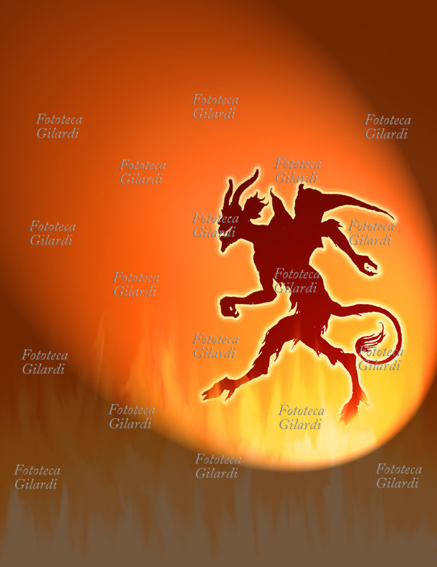 DIAVOLO demone in agguato tra le fiamme degli inferi. Elaborazione grafica di Elena Piccini, Milano 2005.