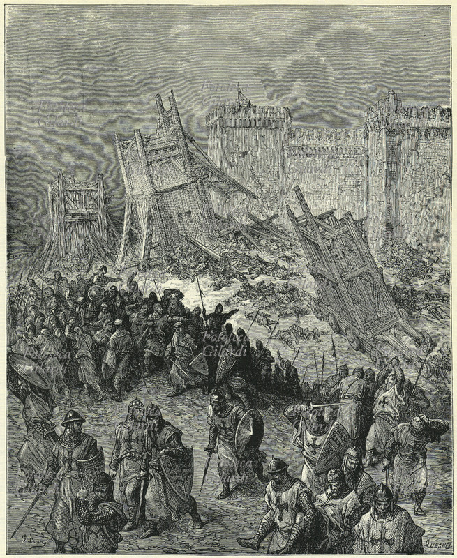 CROCIATE 1099 Il secondo attacco a Gerusalemme, nel quale i Crociati vennero respinti. Incisione di Gustave Doré (6 gennaio 1832 – 23 gennaio 1883) per \