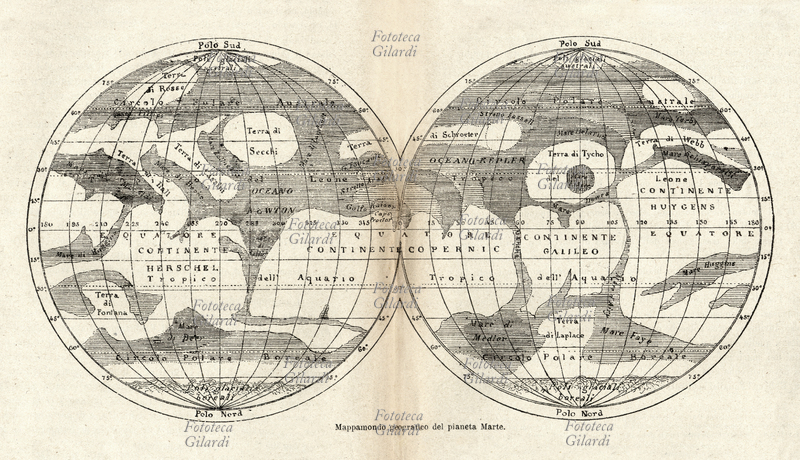 ASTRONOMIA Mappamondo geografico del pianeta Marte compilato dopo le discussioni e le osservazioni riportate al 1877 - tra le altre zone dedicate agli studiosi, una porta il nome \