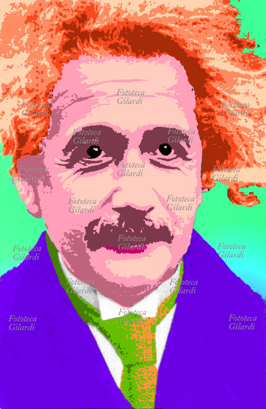 Albert EINSTEIN (14 marzo 1879 – 18 aprile 1955), fisico tedesco naturalizzato svizzero e poi statunitense, elaboratore di alcune delle più influenti teorie scientifiche del XX secolo, alla base della fisica moderna. Primo piano fotografico, Germania, 1925. Elaborazione grafica in colori arbitrari con toni seminaturalistici e capelli rossi di Elena Piccini, Italia 2000.