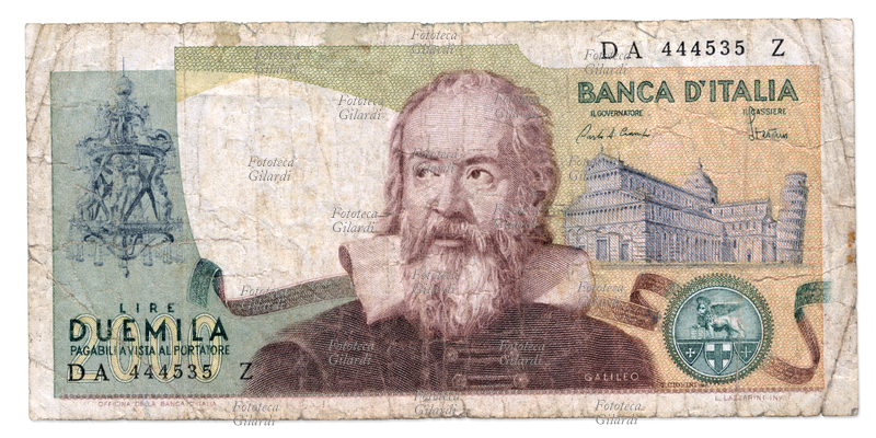 MONETE Dritto della banconota da Lire duemila, vi sono raffigurati Galileo Galilei e la cattedrale di Pisa con la famosa torre pendente, emessa nel 1973