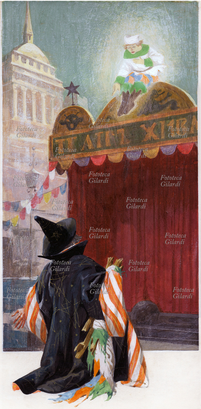 FAVOLE "Petruka", balletto con musiche di Igor Fëdorovic Stravinskij (1882-1971) ispirato al racconto "Balagan" del poeta russo Aleksander Blok (1881-1921). Il fantasma di Petruska appare sorridente sul tetto del teatrino: la morte ha liberato la sua anima dal corpo della marionetta, ridotto ormai a brandelli, rimasto fra le braccia del Ciarlatano. Illustrazione di Libico Maraja (1912-1983) pittore, disegnatore e illustratore, per la collana fiabe musicali, riduzione per l\