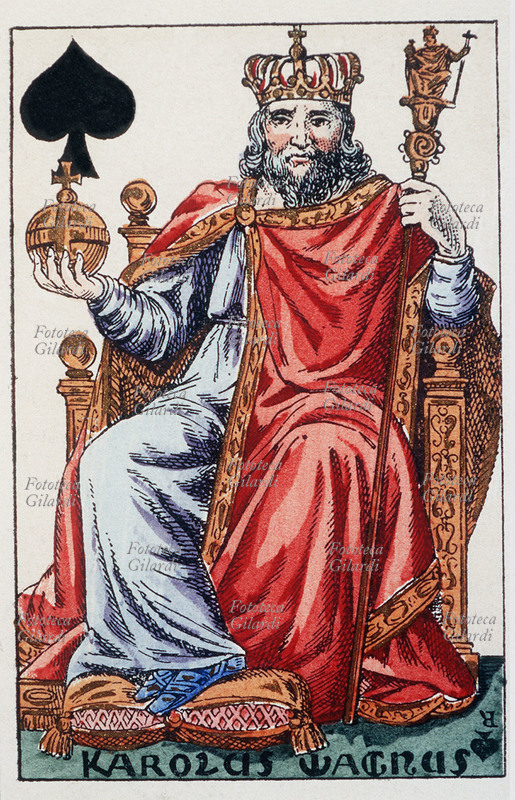 CARTE DA GIOCO Carolus Magnus (2 aprile 742 – 28 gennaio 814), re dei Franchi e dei Longobardi, incoronato da Papa Leone III primo Imperatore dei Romani il 25 dicembre 800. Ritratto come re di picche nel mazzo di carte da gioco disegnato da Armand-Gustave Houbigant (29 gennaio 1790 - 12 gennaio 1863) in occasione del matrimonio di Carlo Ferdinando d\