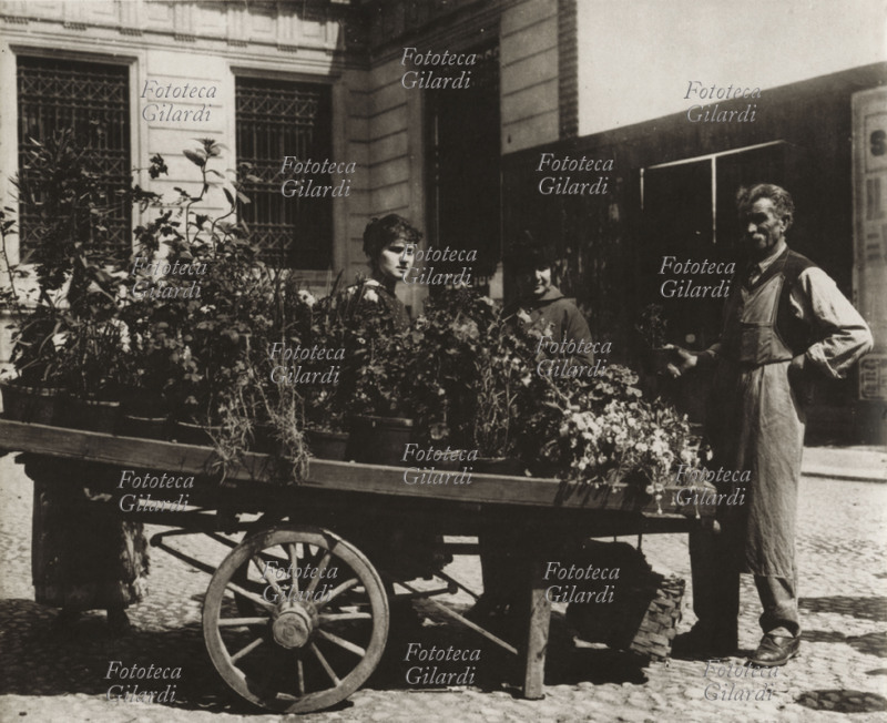 MESTIERI Carretto a mano di venditori ambulanti di piante e fiori \