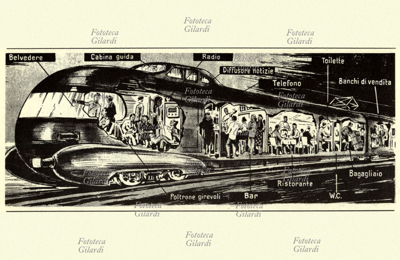 FERROVIA schema per il treno ETR 300 modernissimo elettrotreno, prodotto negli stabilimenti della Breda di Sesto San Giovanni (Milano) 1952