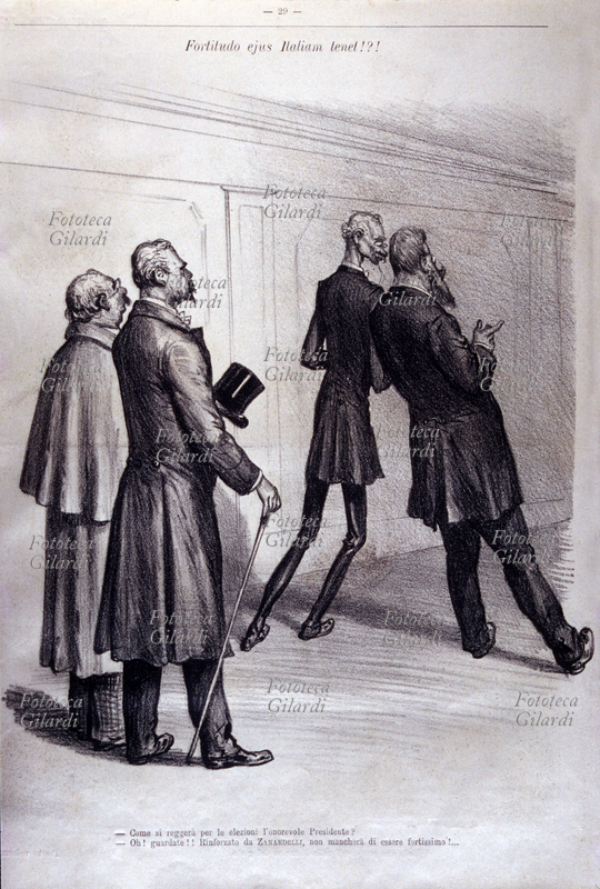 Antonio DI RUDINÍ (1839 - 1908) e Giuseppe Zanardelli (1826 - 1903), Presidente del Consiglio e presidente della Camera. La satira: Fortitudo eyus Italiam tenet !?!? Due deputati osservano i due presidenti che camminando si sorreggono l\