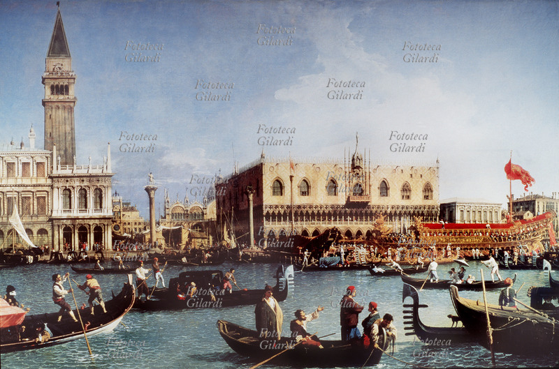 CANALETTO (Giovanni Antonio Canal, 1697-1768) Il ritorno del Bucintoro al molo nel giorno della Ascensione. Dal Bucintoro il Doge gettava ritualmente in acqua un anello nuziale, per celebrare lo Sposalizio del mare e rinnovare il dominio della città su di esso. Stampa XX secolo dal dipinto, 1729