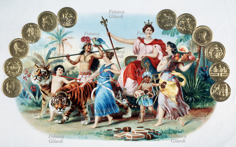 PRODOTTI COLONIALI Figurina pubblicitaria per una casa di fabbricazione di sigari dove è rappresentata una specie di allegoria romantica dell\