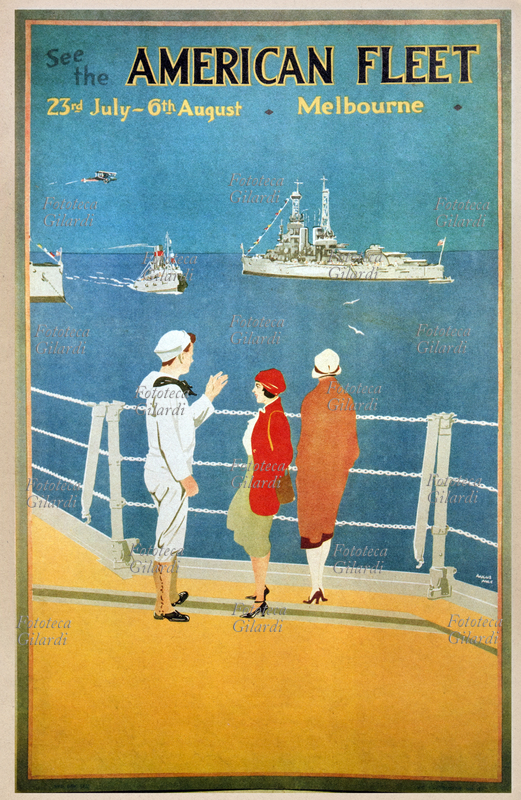 NAVI Manifesto pubblicitario: il governo australiano invita la popolazione ad andare ad ammirare la flotta di Theodore Roosevelt in arrivo a Melbourne, dal 23/7 al 6/8 del 1908.
