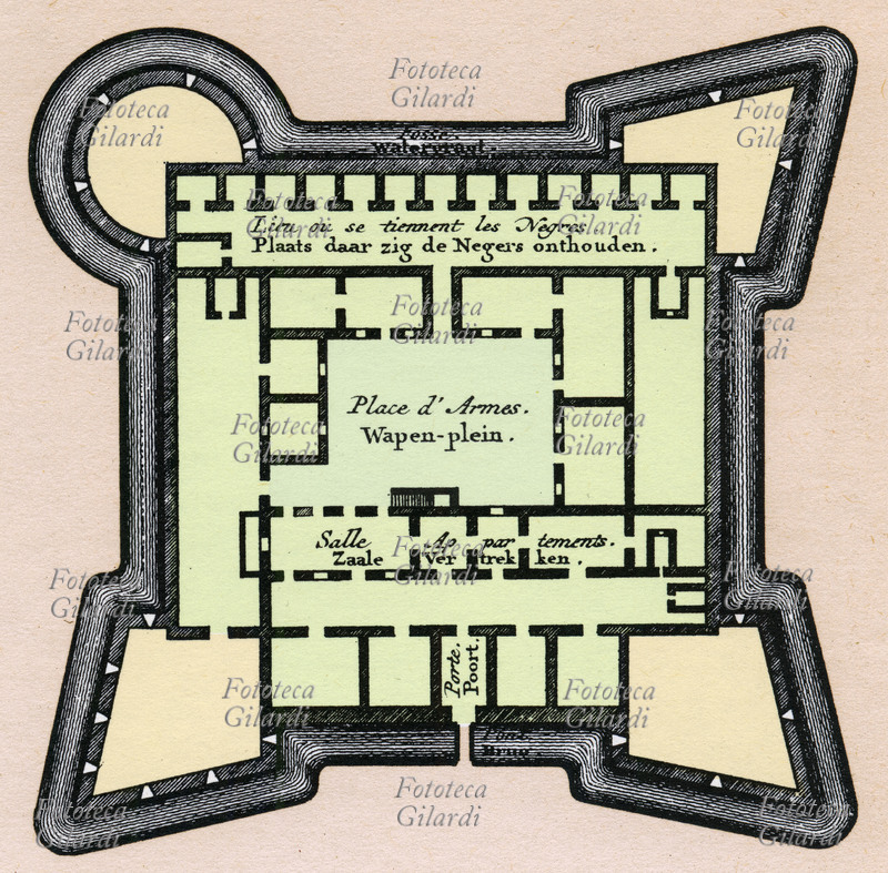 COLONIALISMO Pianta del Forte inglese di Ouidah in Guinea. Sono segnate le varie destinazioni degli spazi: Piazza d\
