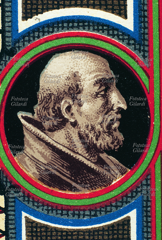 PAPA SAN DAMASO I (305 circa – 11 dicembre 384), nato in Spagna, eletto nel 366. Fece eseguire lavori di restauro, consolidamento e ampliamento delle catacombe, ormai non più frequentate dai cristiani che potevano finalmente esercitare il culto apertamente, e scrisse gli elogi dei martiri. Ritratto, dettaglio da una cartolina cromolitografica della \