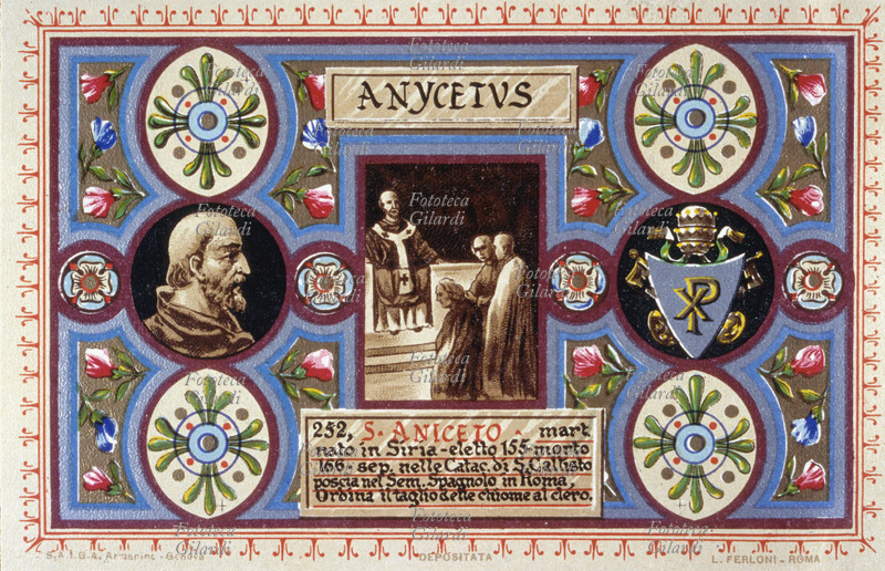 PAPA SAN ANICETO martire (? - 166), nato in Siria, eletto nel 155, sepolto nelle catacombe di san Callisto, traslato nel Seminario Spagnolo in Roma. Istituì il taglio delle chiome al clero. Cartolina cromolitografica n. 252 dalla \