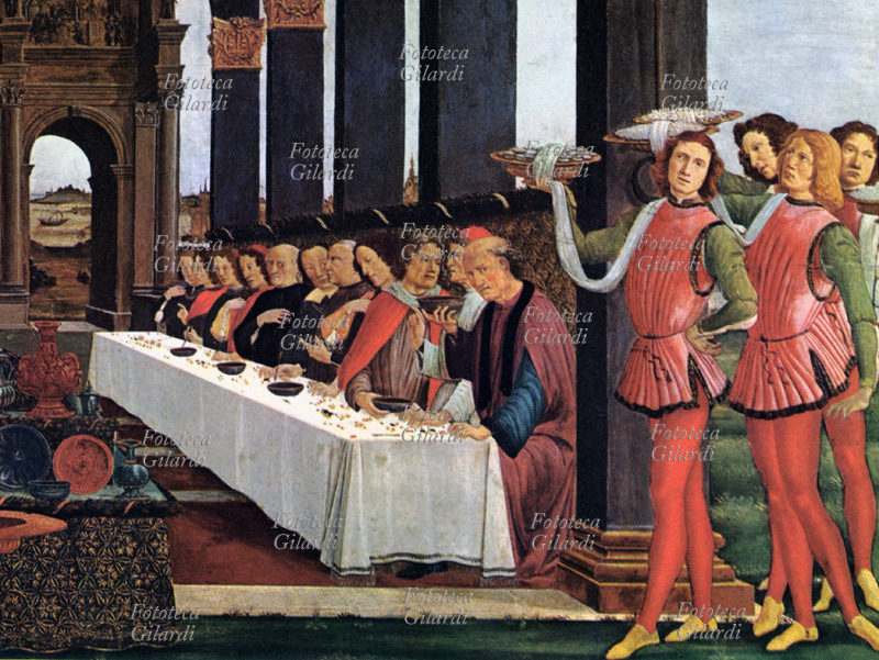 BANCHETTO Uomini ad un banchetto nuziale. Dettaglio del dipinto di Botticelli per illustrare una novella del Decamerone di \