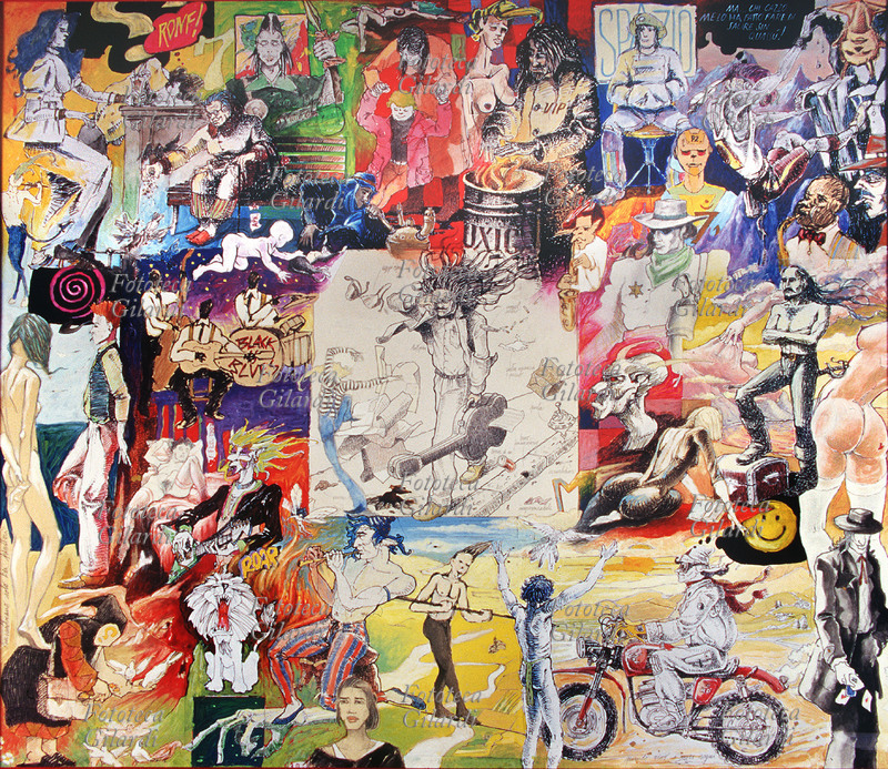 Maurizio SOFFIATI (1959) Appunti di viaggio: la figura centrale è un suonatore di chitarra, che cammina per strada coprendosi gli occhi e tenendo lo strumento nella custodia: le mille figure e allegorie che lo circondano sembrano scaturire dalla sua immaginazione in una caotica rassegna di personaggi onirici di ogni tipo, bizzarri e colorati. Illustrazione multipla in tecnica mista. Milano, 1992/1999.