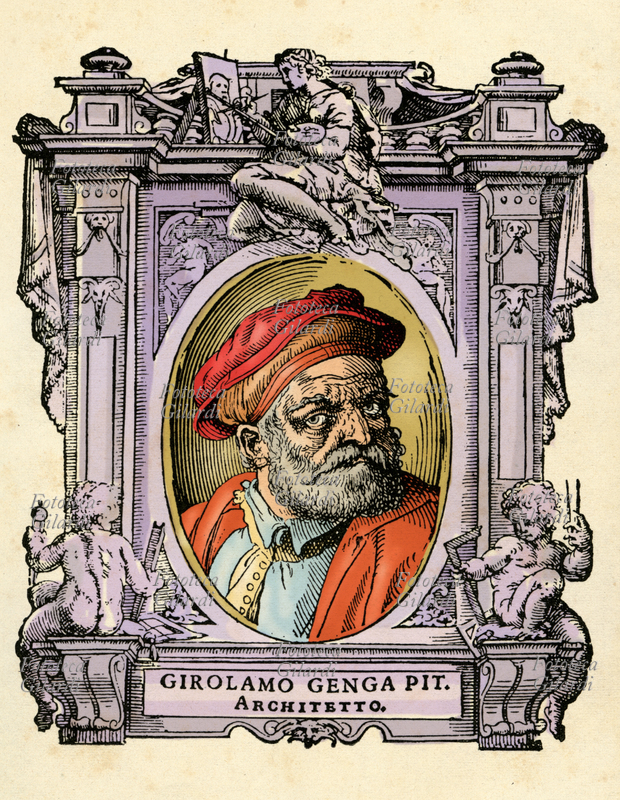 Gerolamo GENGA (1476 - 11 luglio 1551) pittore, architetto e scultore italiano, attivo principalmente nel Ducato di Urbino e in Romagna. Il ritratto in ovale è racchiuso in una cornice decorata con figure allegoriche e strumenti delle arti. Illustrazione colorizzata su base xilografica del XVI secolo, dal trattato \