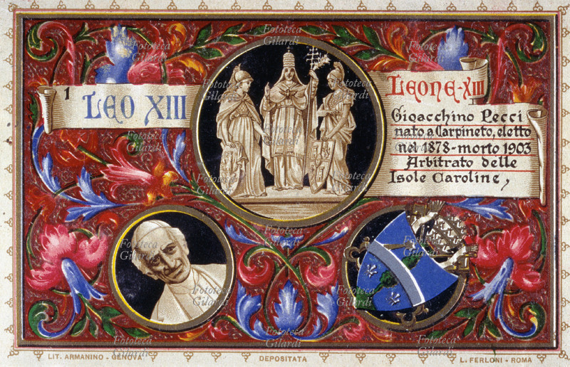 PAPA LEONE XIII (1810-1903), al secolo Gioacchino Pecci, nato a Carpineto, eletto nel 1878. Autore di 86 Encicliche, fra le quali la Rerum Novarum, è il promotore della moderna dottrina sociale della Chiesa, con la quale ha definito il nuovo ruolo spirituale della Chiesa privata del potere temporale dopo l\