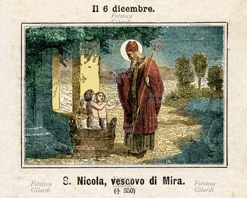 San NICOLA (15 marzo 270 - 6 dicembre 343), vescovo di Myra, noto anche come San Nicola di Bari per la grande devozione che gli è tributata nella città che nel 1087, quando Myra cadde in mano musulmana, contese alla Serenissima la traslazione delle reliquie. Nato in Licia da genitori greci cristiani benestanti, che perse ancora giovani per una pestilenza, scelse di devolvere la ricca eredità in donazioni ai poveri. Ordinato sacerdote a Myra, e poi consacrato vescovo, subì la prigione e l\