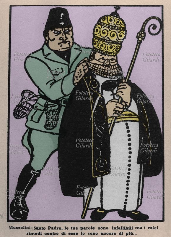 FASCISMO Caricatura tedesca sulla Conciliazione tra Chiesa e Governo fascista. Mussolini, alle spalle del Papa, con una serie di museruole al cinturone, gliene infila una: \