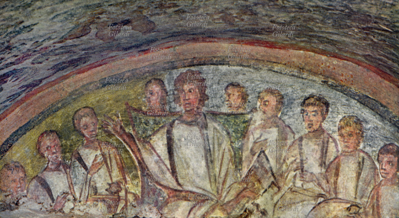 CRISTO insegna tra gli apostoli, raffigurazione paleocristiana, pittura murale della metà del IV secolo