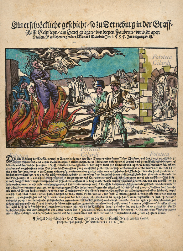 STREGHE condanna a morte al rogo di tre streghe a Derneburg 1555 . Stampa popolare dell\