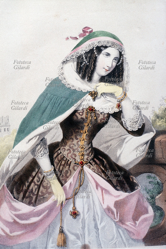 DONNA 1800 Dama in abito da sera con mantella si reca ad una festa a ballo Litografia del XIX secolo