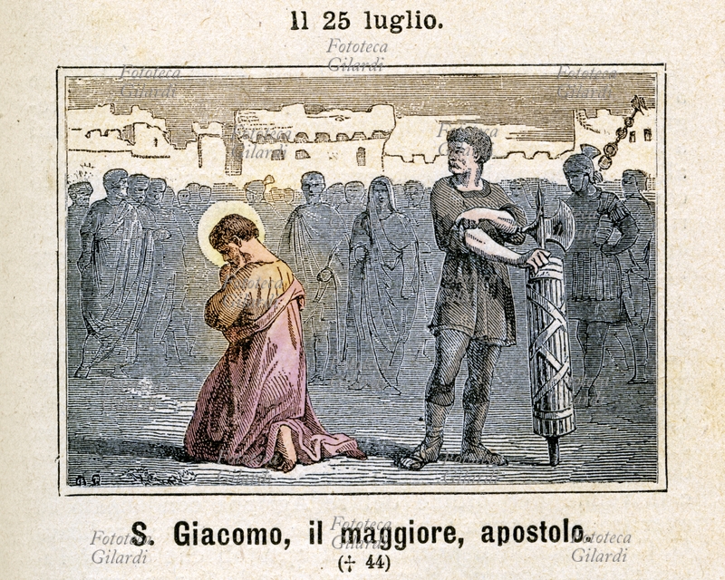 San GIACOMO di Zebedeo (I secolo - 44), detto anche Giacomo il Maggiore, chiamato da Gesù fra i dodici apostoli insieme al fratello Giovanni, fu con Pietro testimone della Trasfigurazione, della risurrezione della figlia di Giairo e della notte al Getsemani. Primo martire fra gli Apostoli, morì decapitato per volere di Erode Agrippa I. Commemorazione il 25 luglio. Incisione colorata, Italia 1886