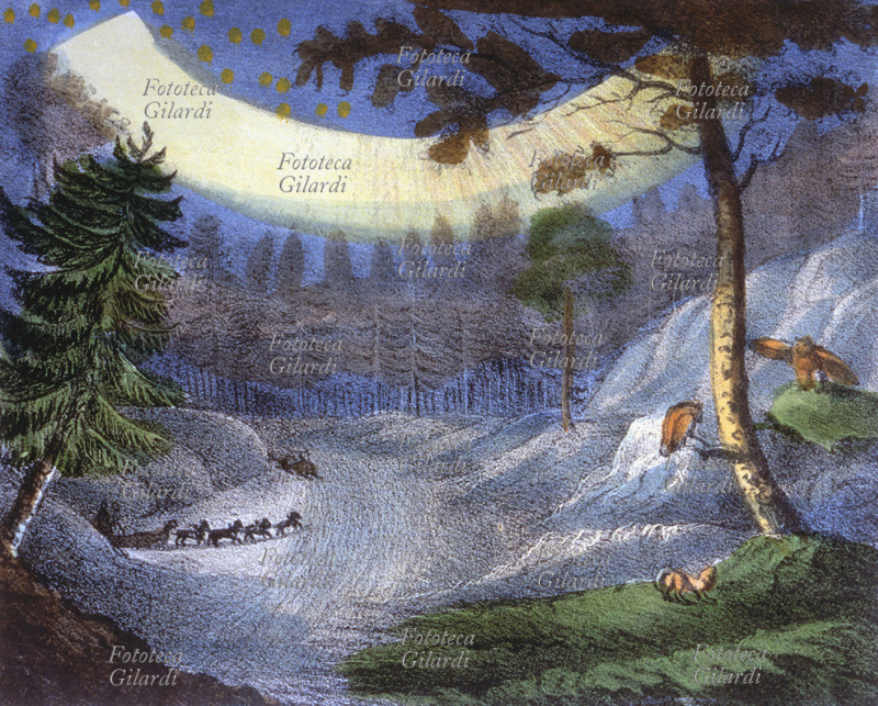 BOREAL DAWN in the polar countries, Northern America. Acquarellata Litografia gives: Universal gallery of All Popoli of the World, Venice 1841