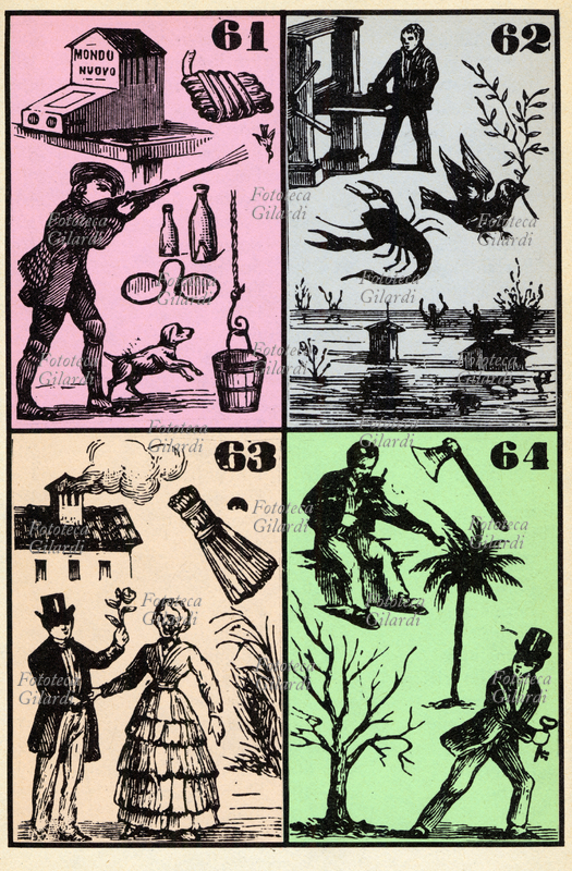SMORFIA tavola con oggetti o situazioni sognate, abbinati ai numeri da giocare al lotto secondo la tradizione. Qui raffigurati i numeri 61, 62, 63, 64 . Incisione dell\