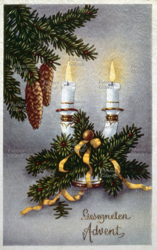 CHRISTMAS GREETINGS "Gesegneten Advents" - Two lit candles in a composition of pine branches and yellow ribbon. Photolithographic post card, Germany, 1938 (vertical)