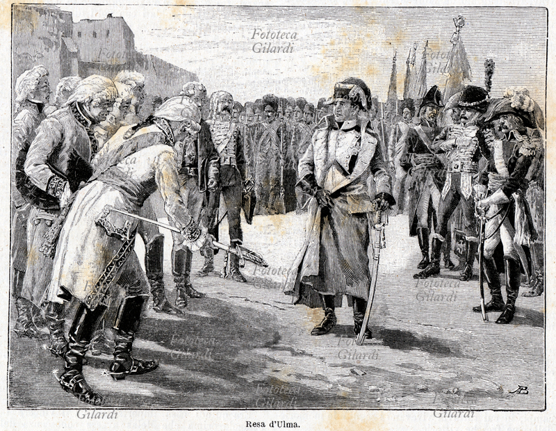 Napoleone BONAPARTE (15 agosto 1769 – 5 maggio 1821), vittorioso alla battaglia di Ulma, il 20 ottobre 1805 accetta dal generale austriaco Karl Mack (25 agosto 1752 – 22 dicembre 1828) barone di Leiberich, la consegna della spada, in cavalleresco segno di resa. Incisione di Antonio Bonamore (1845-1907), da "Storia di Napoleone" di Jacques De Norvins (18 giugno 1769 – 30 luglio 1854), Edoardo Sonzogno editore, Milano 1893