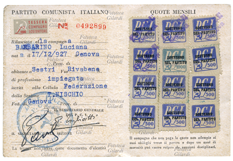 PCI La tessera del Partito Comunista Italiano del 1951: interno della "tessera compagno sostenitore" N° 0492899 appartenuta a Luciana Barbarino, con timbro a firma di Palmiro Togliatti. Sulla destra il casellario per l\