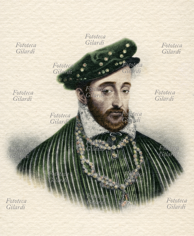 ENRICO II (1519-1559) figlio di Francesco I, rimase fedele alla sua politica. Riconquistò i tre vescovati che già Carlo V aveva provato inutilmente a riprendere. Dopo numerose battaglie dalle quali uscì indenne, morì per ironia della sorte durante il torneo per i festeggiamenti della pace di Cateau-Cambrésis, ferito dalle schegge della lancia del suo capitano delle Guardie Gabriele I di Lorges, conte di Montgomery. Raffigurazione ispirata a un ritratto dipinto da François Clouet. Litografia colorata, Francia XIX secolo