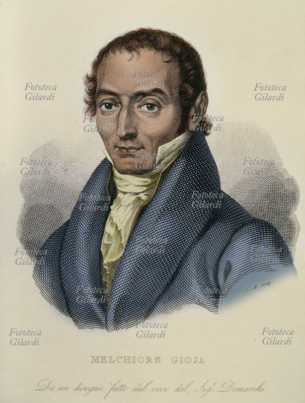 Melchiorre GIOIA (1767-1829) Scrittore, economista, uomo politico e filosofo italiano. Ritratto da disegno dal vivo di Demarchi in una incisione (versione colorata) del 1857