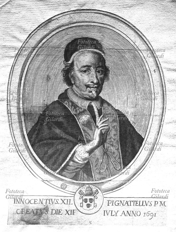 PAPA INNOCENZO XII (1615-1700) al secolo Antonio Pignatelli di Spinazzola, eletto nel 1691. Ritratto, incisione su metallo. Promulgò una Bolla per l\