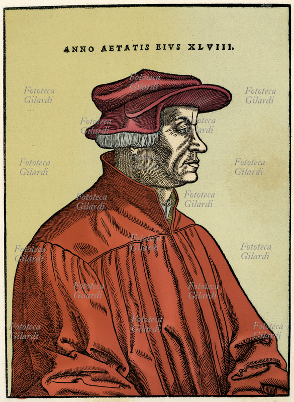 Huldrych ZWINGLI (1 gennaio 1484 - 11 ottobre 1531) teologo svizzero, riformatore protestante, uno dei fondatori delle Chiese riformate svizzere. Ritratto in profilo all\