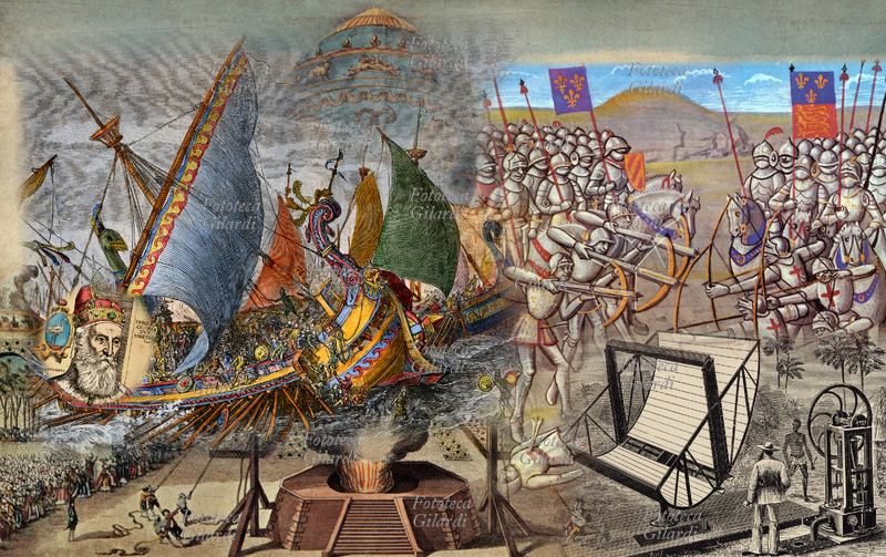 STORIA collage immagini di vari avvenimenti - battaglia di Crecy 1346 , esperimento areostatico Fratelli Montgolfier 1783, Doge Pasquale Cicogna, battaglia di Siracusa, macchina solare di M. Ericsson sperimentata nel 1883. Computergrafica di Elena Piccini, 2010
