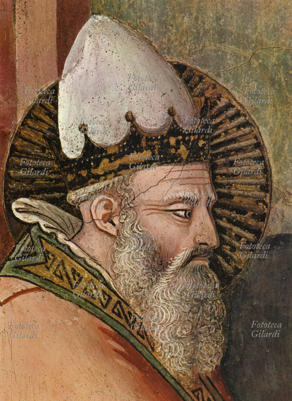 SAINT SYLVESTER (3rd century – 31 December 335), 33rd bishop of Rome and pope of the Catholic Church elected on 31 January 314. Ideal portrait by Maso di Banco (? - ca. 1348), detail from the Stories of Saint Sylvester, from the episode showing the Miracle of the saint who closes the dragon\