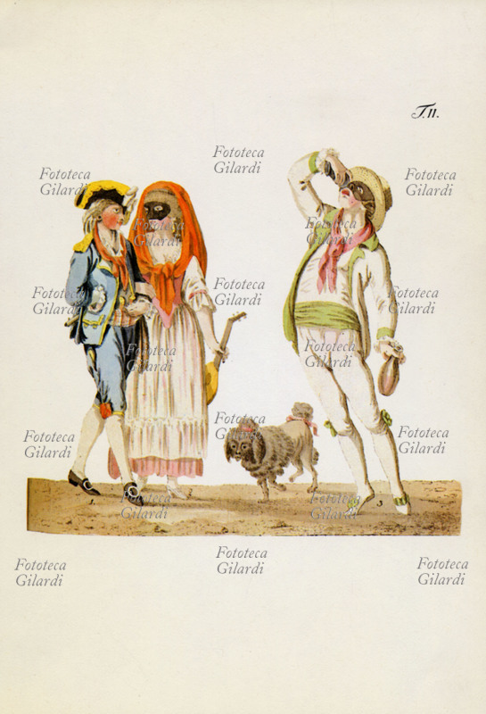 CARNEVALE Coppia di maschere, una terza mentre beve e un cagnolino. Stampa acquarellata tratta dall\