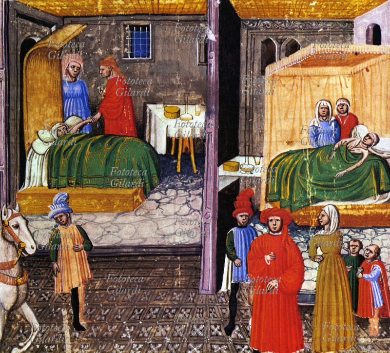 MEDICINA Un medico visita il suo paziente tastandogli il polso, poi lascia la stanza per comunicare la diagnosi ai suoi parenti. Miniatura dal trattato \